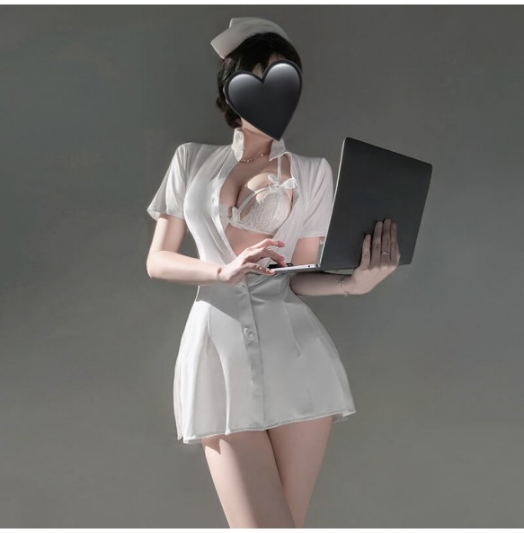 FEE ET MOI - Restrained Desire Lace-Up Waist Nurse Dress (White)